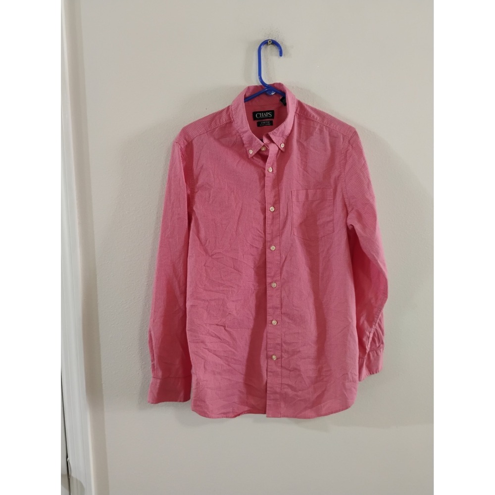 Chaps Mens Stretch Easy Care Pink Gingham Button Down Shirt Medium Long Sleeve